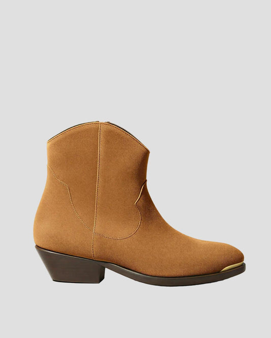 Stivaletto texano ingrassato in pelle marrone chiaro, tacco basso, stile western donna