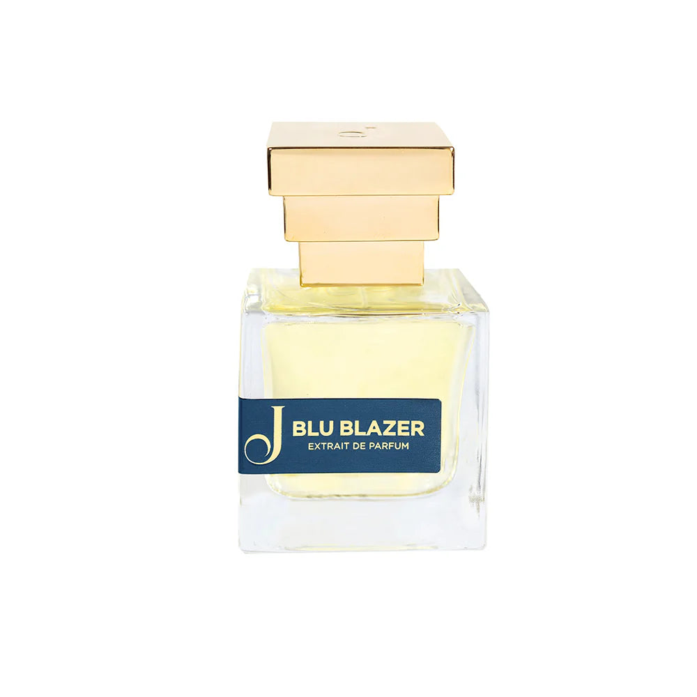 Bottiglia di profumo Blu Blazer con tappo dorato, fragranza di lusso per donna.
