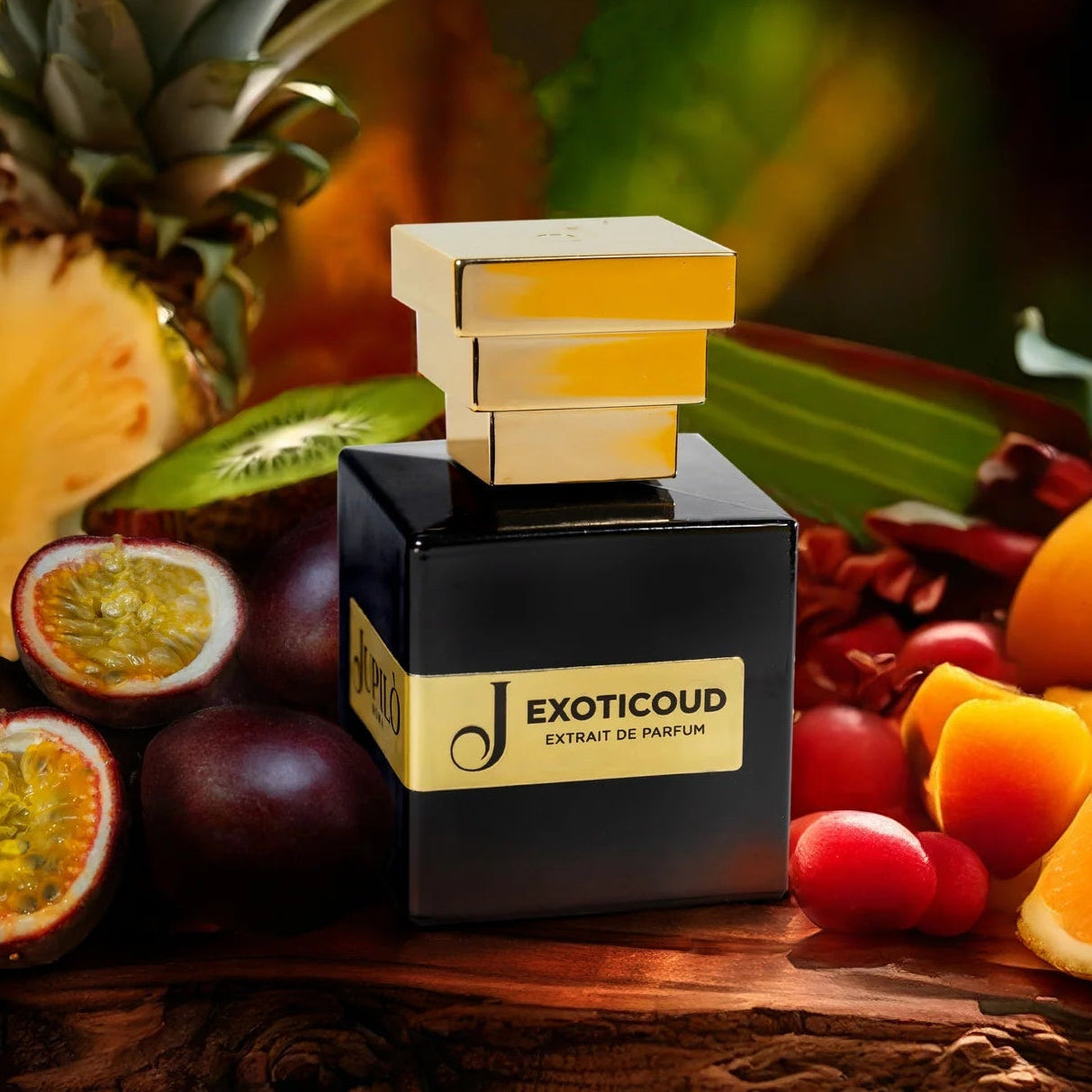 Flacone di profumo Exoticloud nero e oro, circondato da frutta tropicale mista