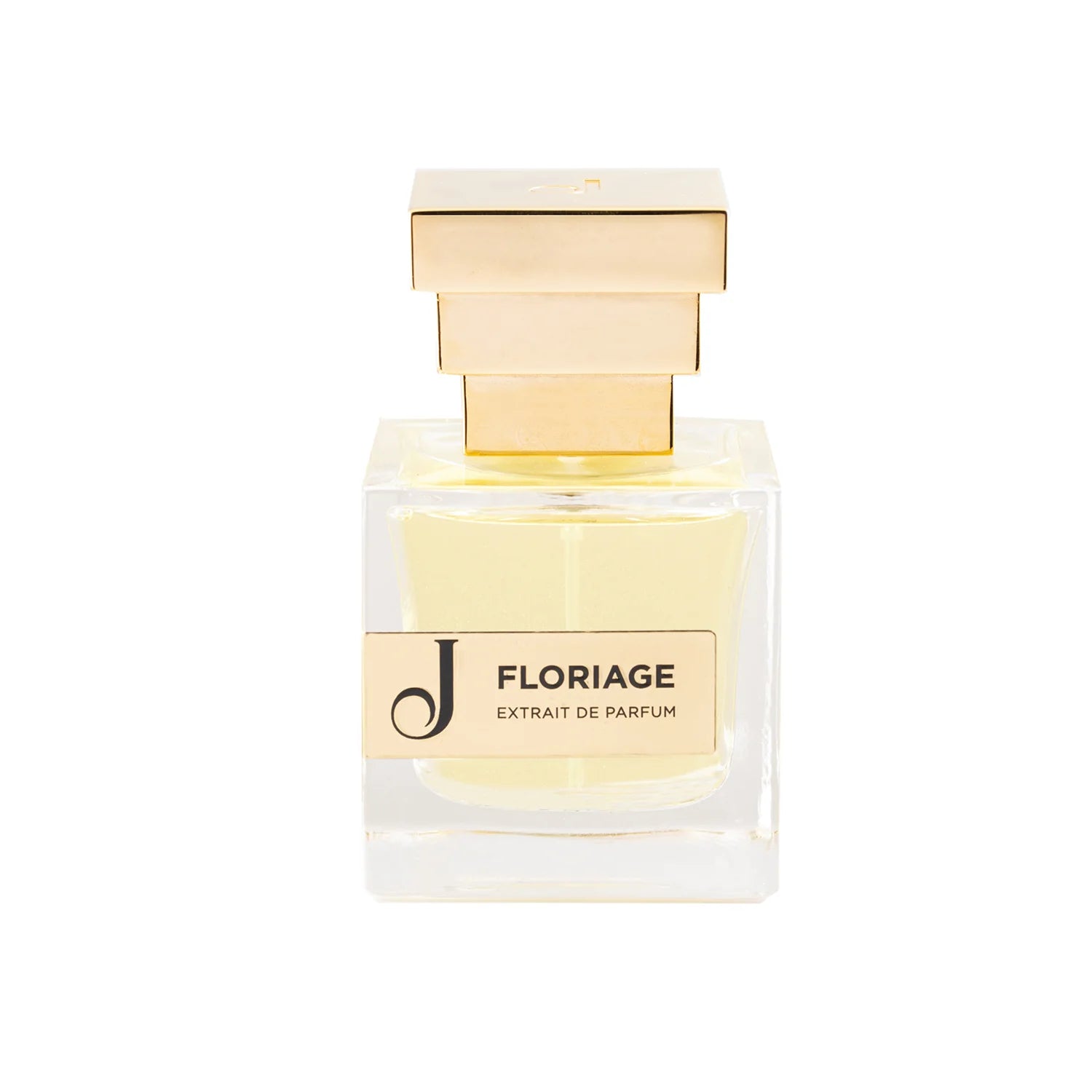 Bottiglia di profumo Floriage Extrait de Parfum con tappo dorato su sfondo bianco.
