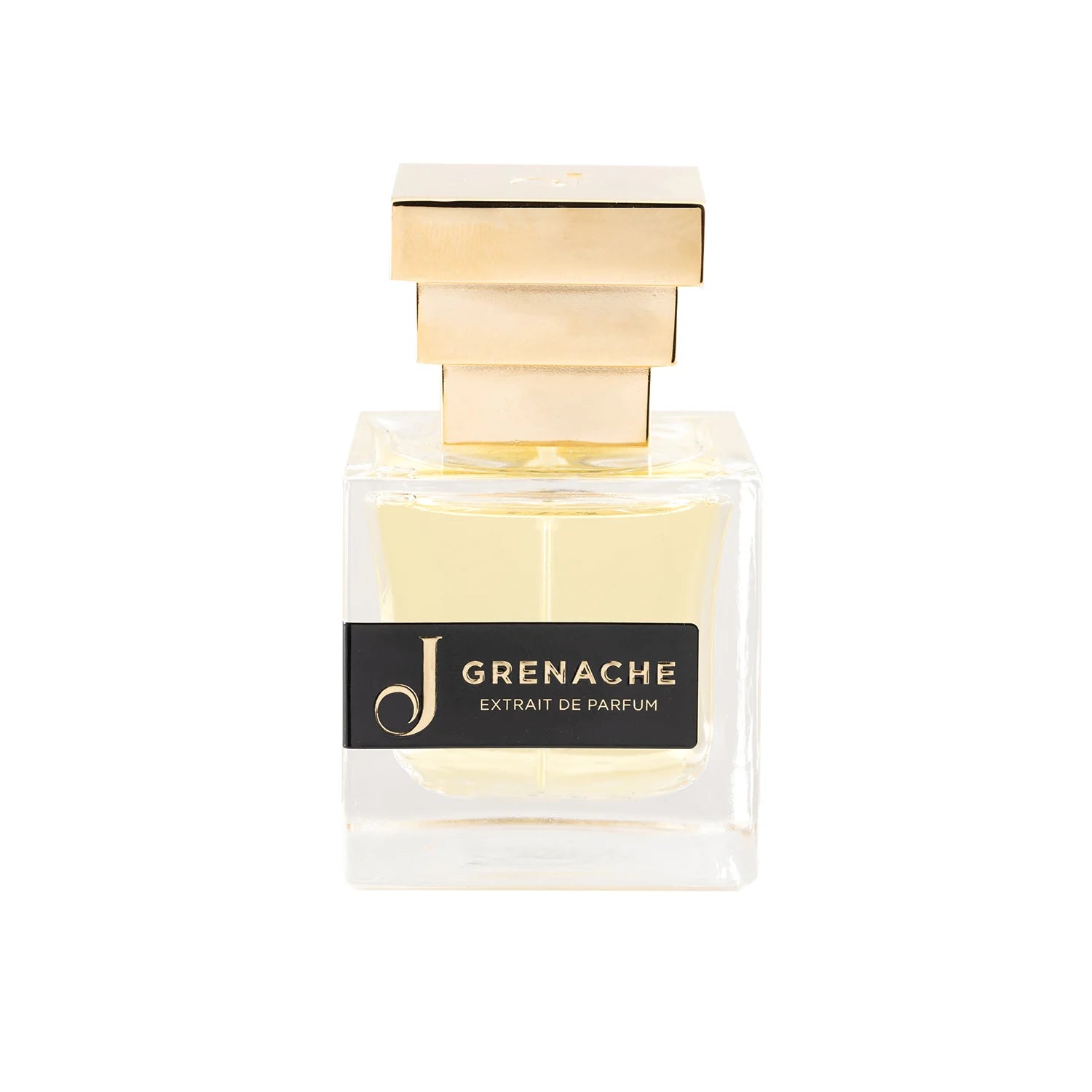 Flacone di profumo Grenache Extrait de Parfum con tappo dorato su sfondo bianco