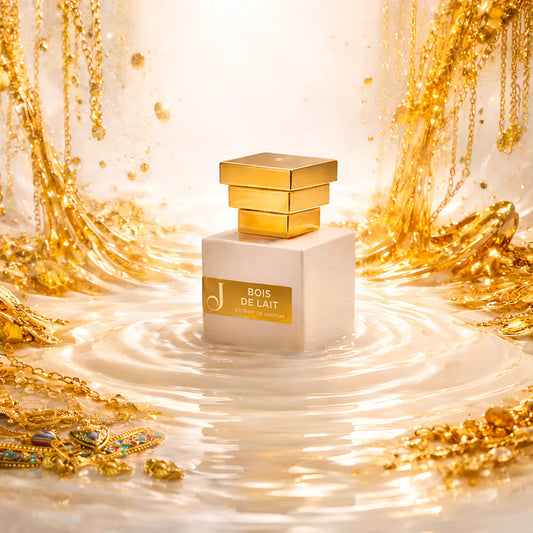 Composizione artistica del profumo Bois de Lait immerso in una superficie liquida lattiginosa e dorata, circondato da gioielli preziosi, catene d'oro e gemme, evocando l'antico lusso egizio di Cleopatra.