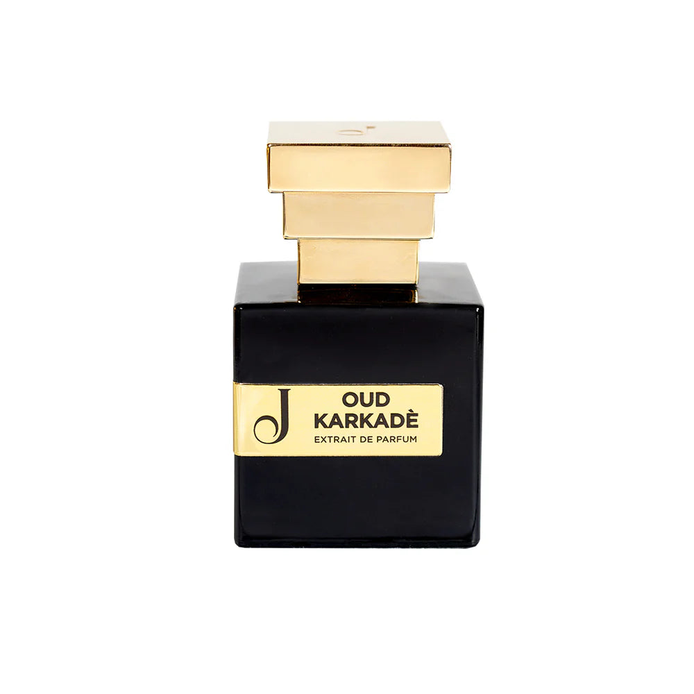 Flacone di profumo Oud Karkadè nero con tappo dorato, eleganza lusso