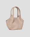 Borsa intrecciata color cammello elegante in pelle con manici, accessorio donna moda