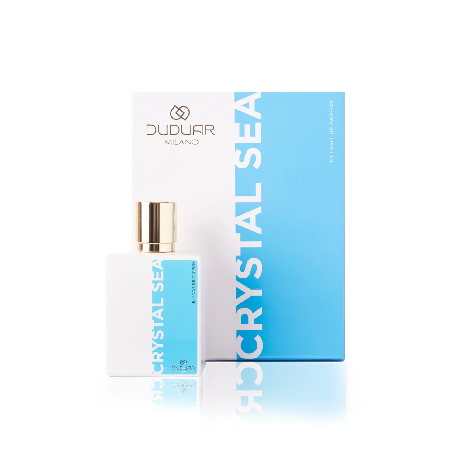 Flacone di profumo Crystal Sea Duduar Milano con scatola bianca e azzurra, tappo dorato.
