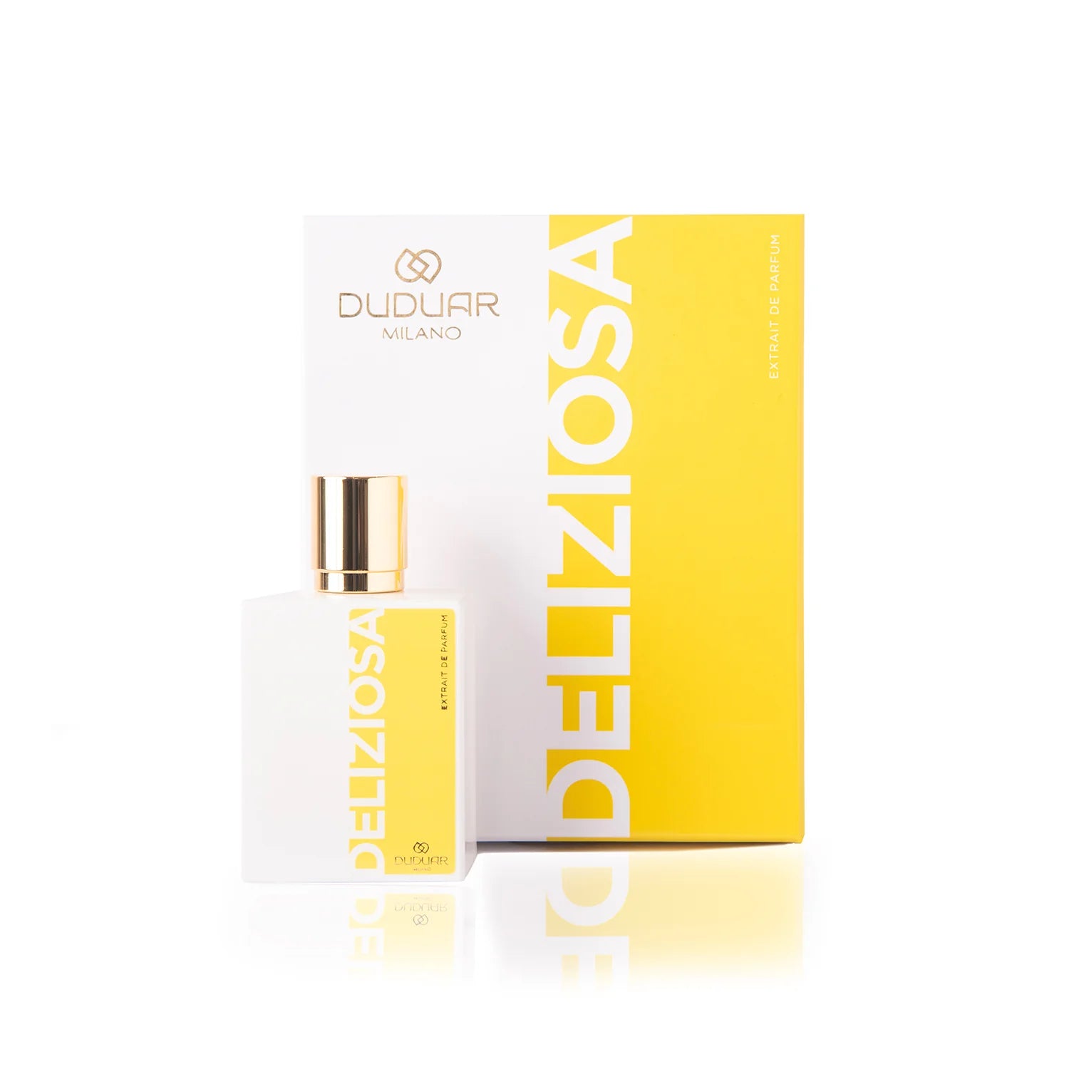 Flacone di profumo femminile Deliziosa con scatola gialla e bianca, design elegante