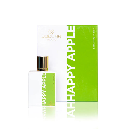 Flacone di profumo Happy Apple bianco con tappo oro e confezione verde brillante.