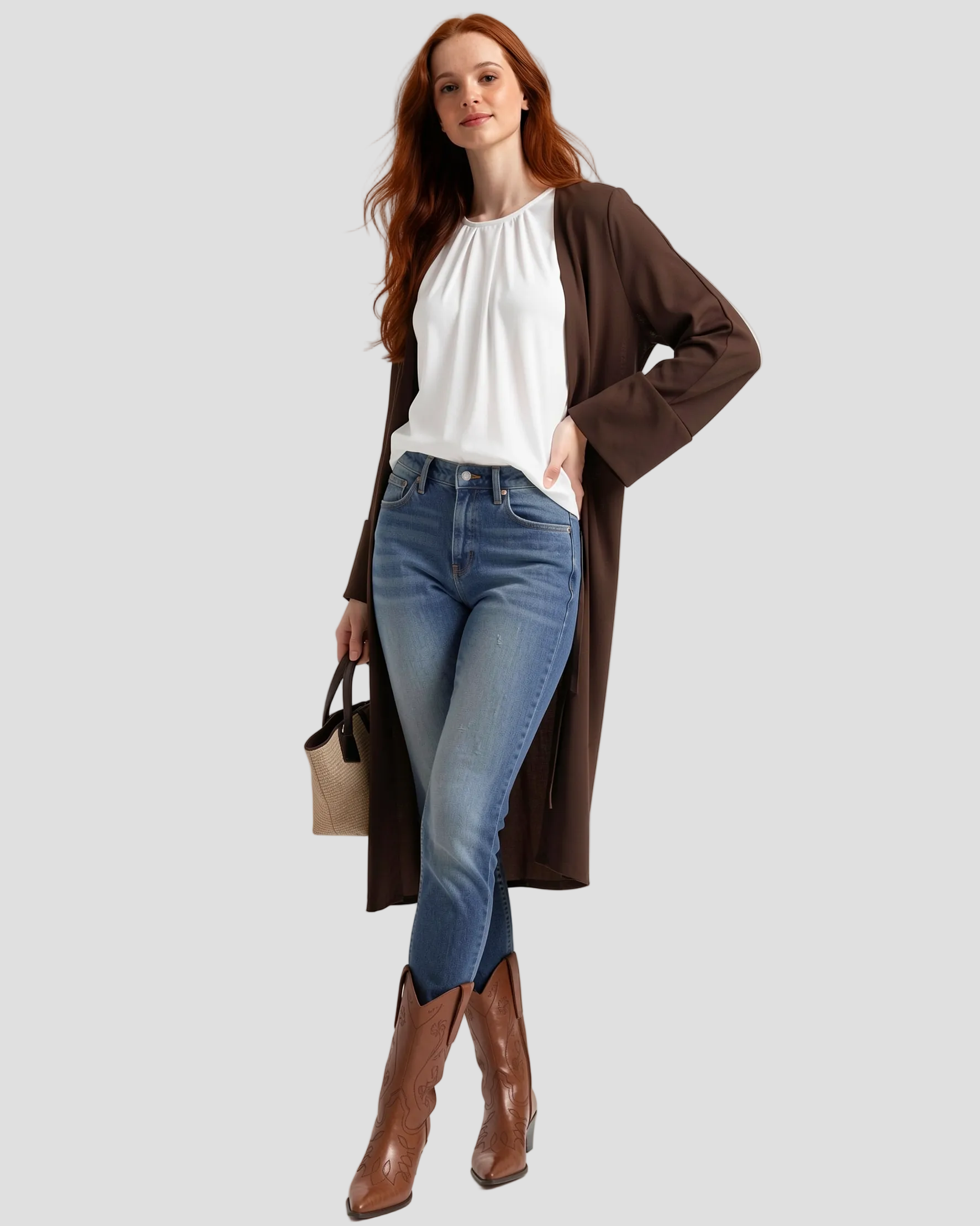Modella con kaftano lungo marrone Milva Mi in viscosa con lacci.