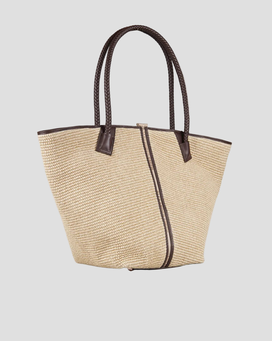 Borsa a spalla grande in rafia beige con manici intrecciati marroni in pelle, stile elegante donna