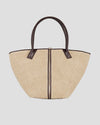 Borsa a spalla grande in rafia beige con manici intrecciati marroni in pelle, accessorio estivo elegante
