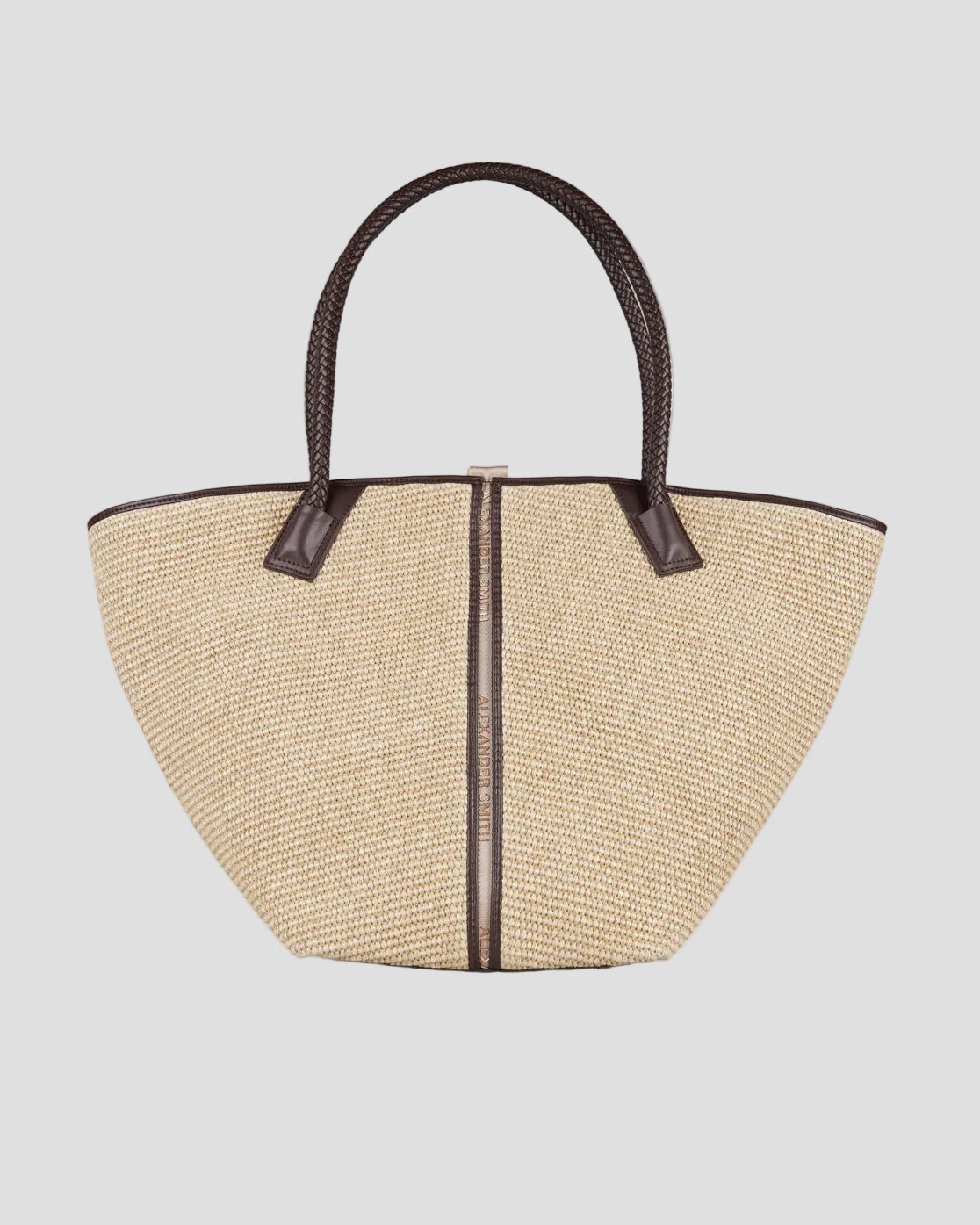 Borsa a spalla grande in rafia beige con manici intrecciati marroni in pelle, accessorio estivo elegante