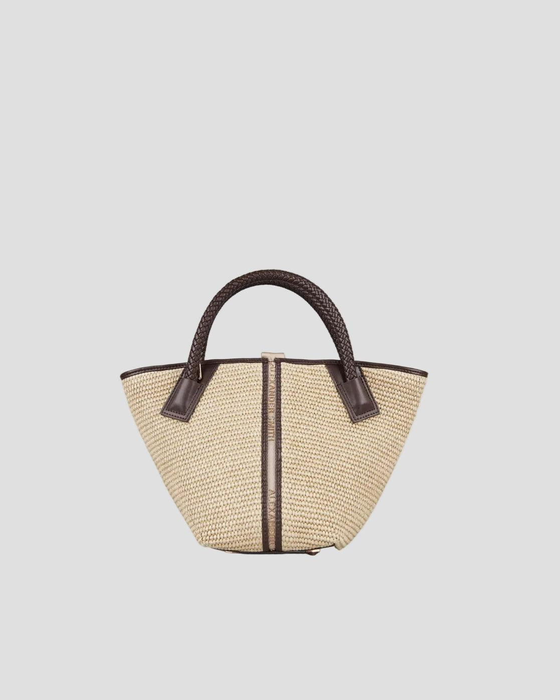 Borsa a mano in rafia con manico intrecciato in pelle marrone