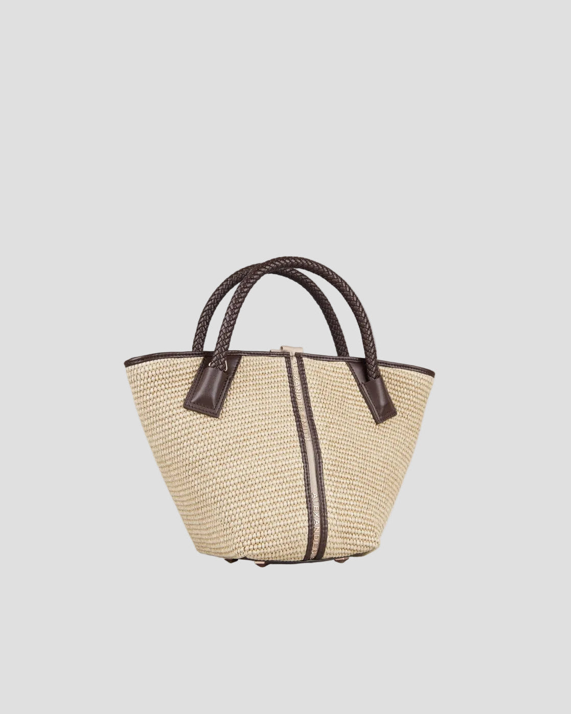 Borsa a mano in rafia con manici intrecciati in pelle marroni, accessorio donna elegante