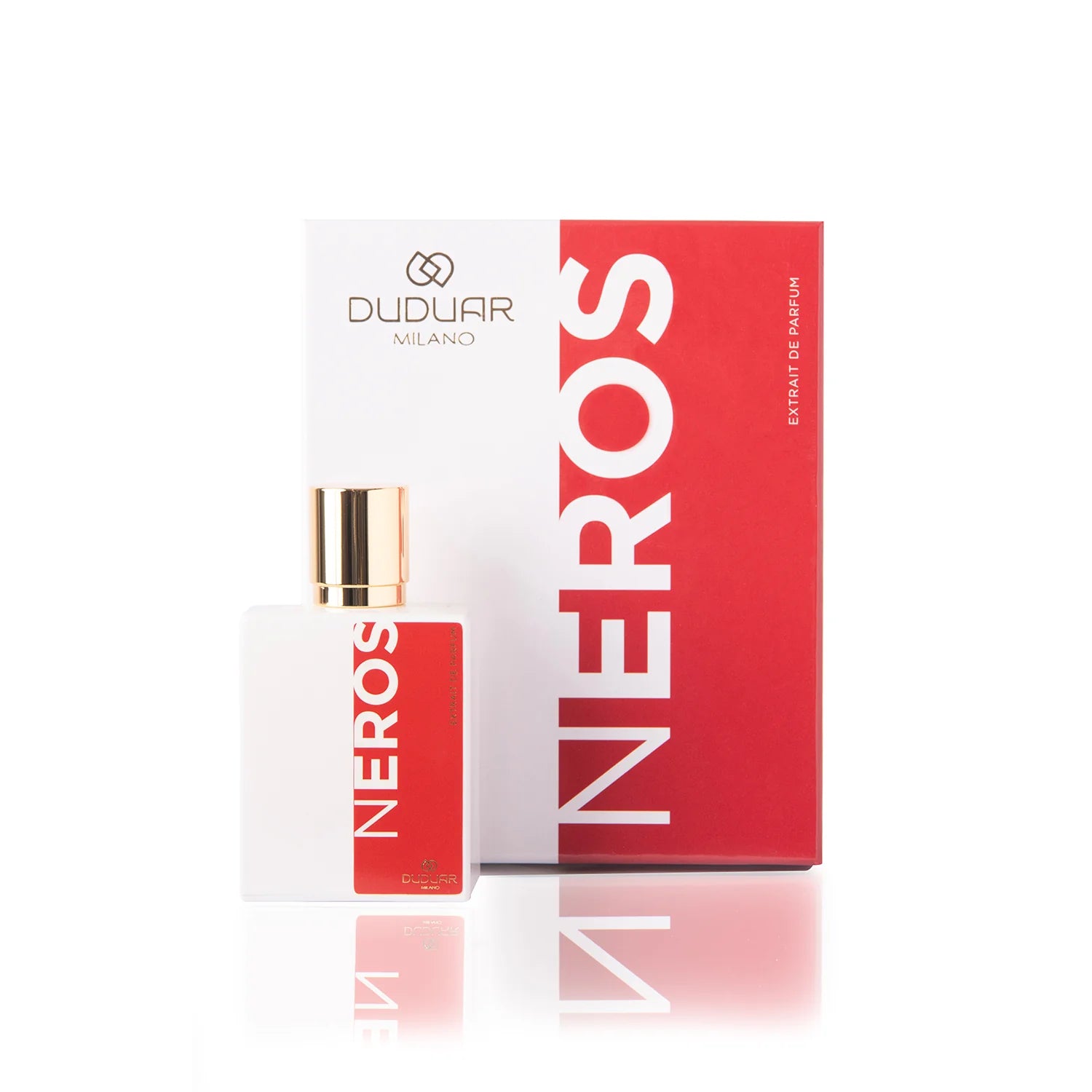 Profumo Duduar Milano Neros in flacone bianco e rosso con confezione elegante, alta moda.