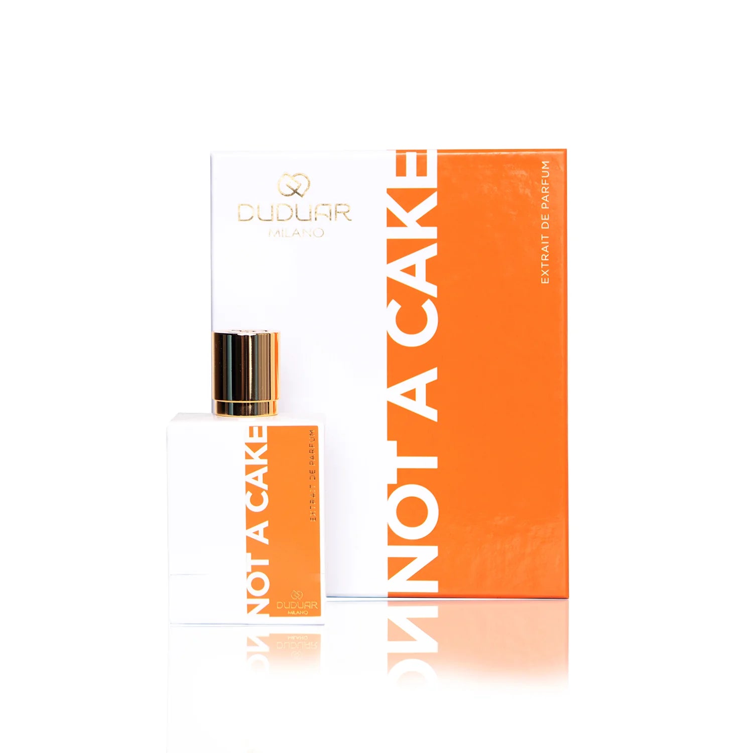 Flacone e confezione di profumo Duduar Milano Not A Cake, design moderno arancione e bianco