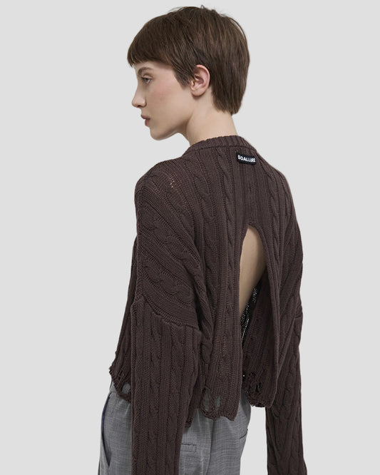 Pullover donna marrone in cotone con lavorazione a trecce e schiena scoperta, stile elegante