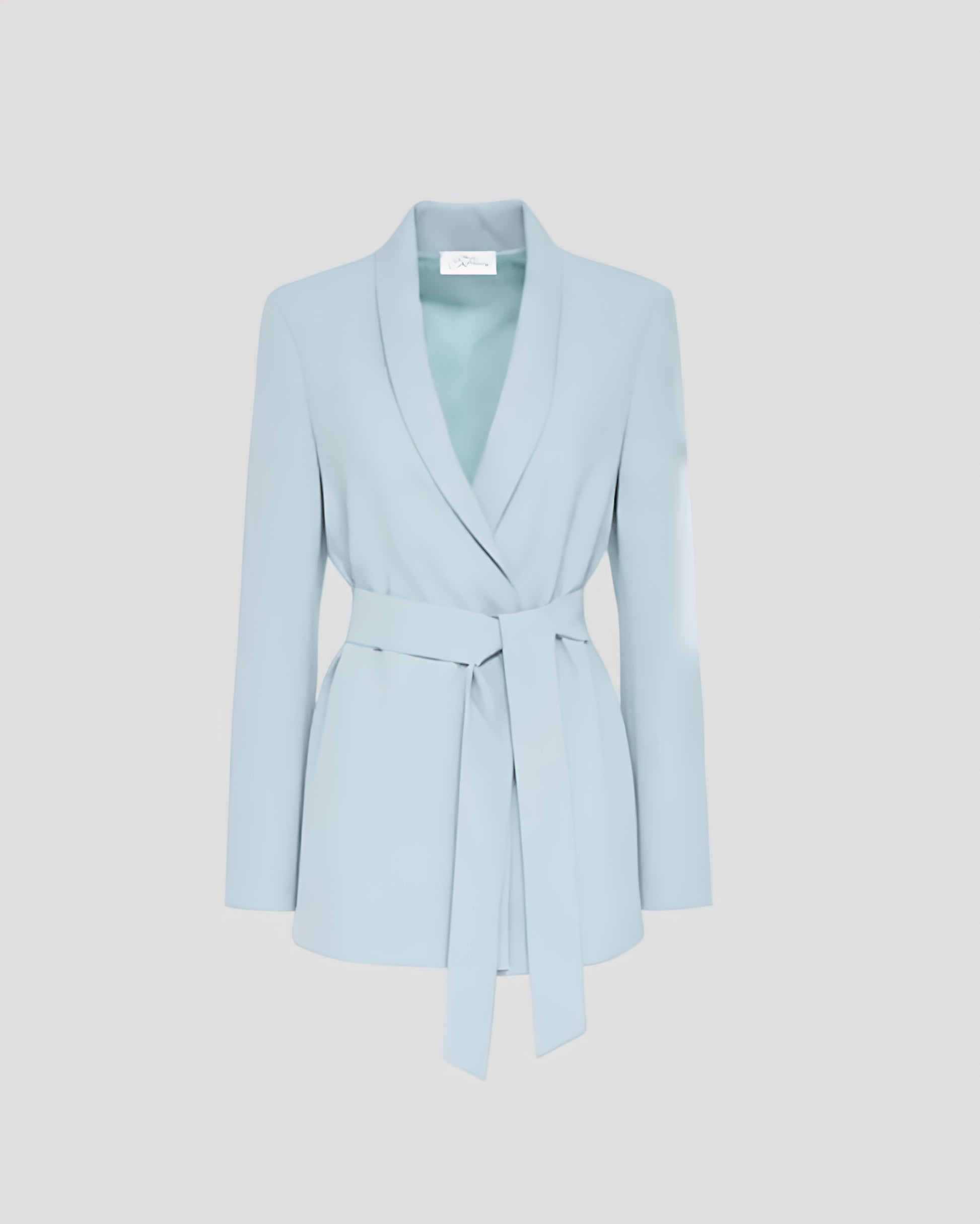 Giacca fluida celeste da donna con cintura, stile elegante, moda italiana