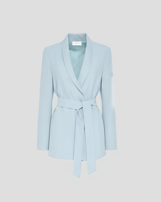Giacca fluida celeste da donna con cintura, stile elegante, moda italiana