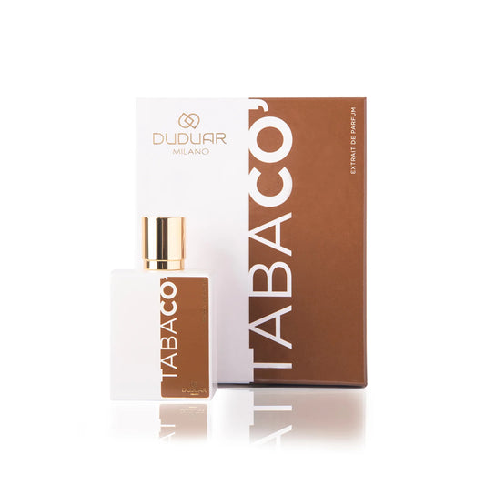 Flacone di profumo Duduar Milano Tabaco con confezione elegante marrone e bianca