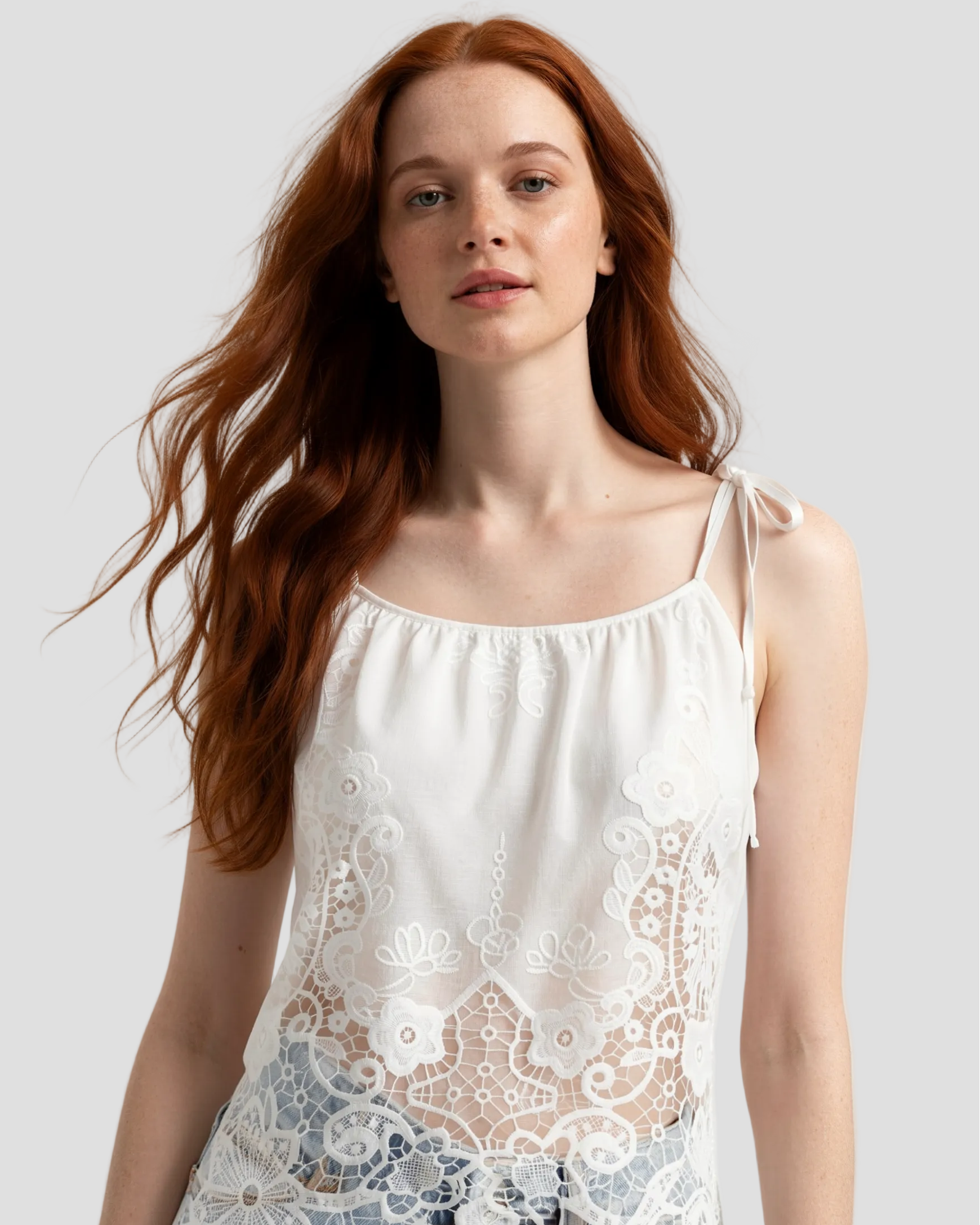 Top bianco donna in cotone con ricami pizzo frontali, canotta interna e
spalline a fiocco.