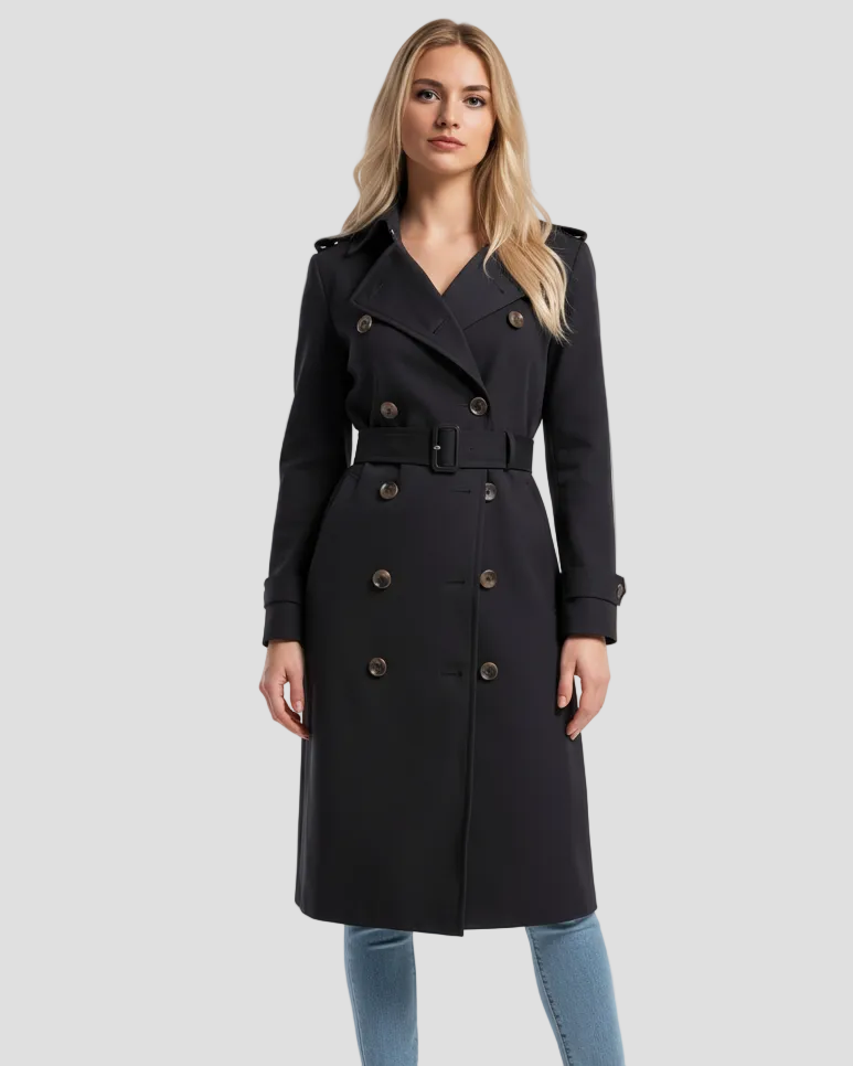 Modella bionda che indossa un trench graziani frontalmente, trench prodotto graziani 100% cotone