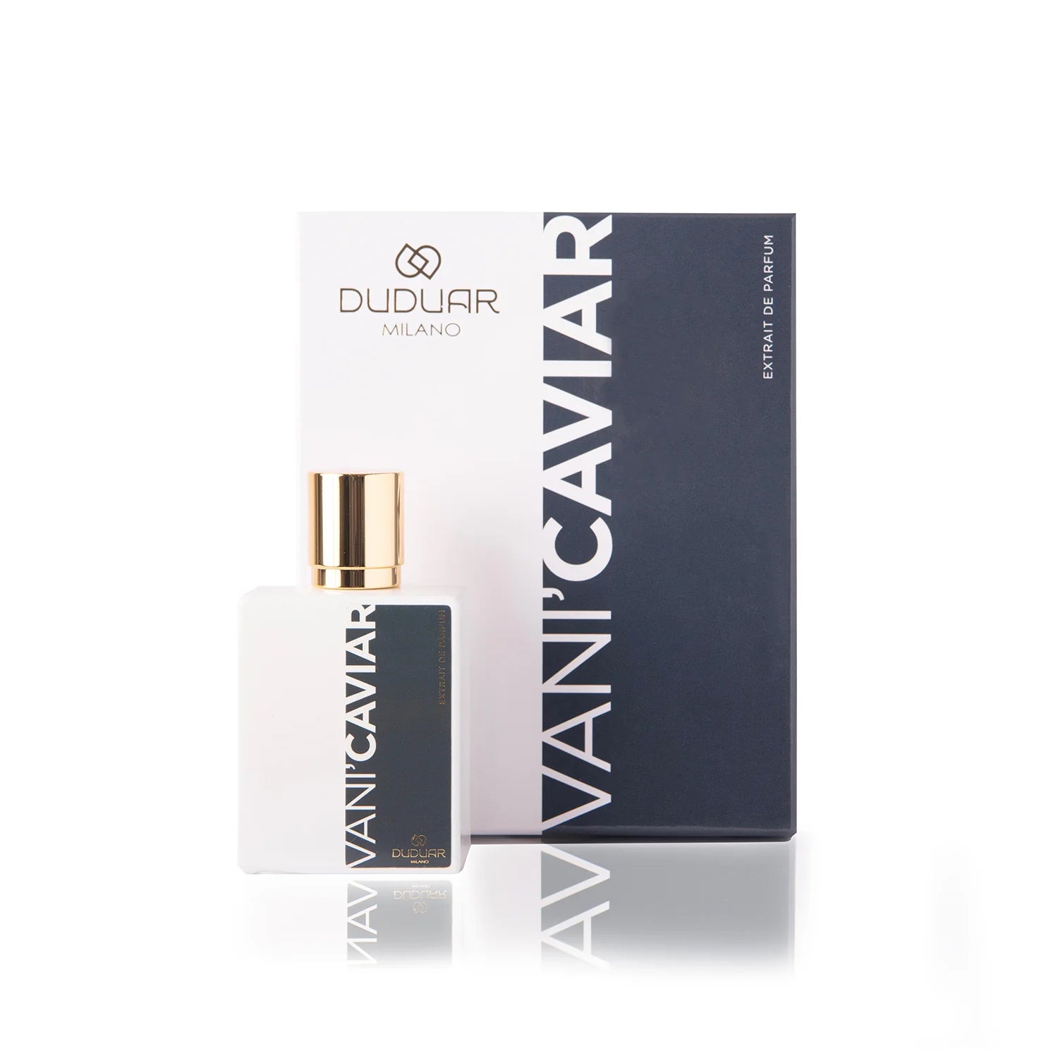 Flacone di profumo Vanicaviar Duduar Milano con confezione elegante, alta moda italiana.