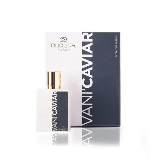Flacone di profumo Vanicaviar Duduar Milano con confezione elegante, alta moda italiana.