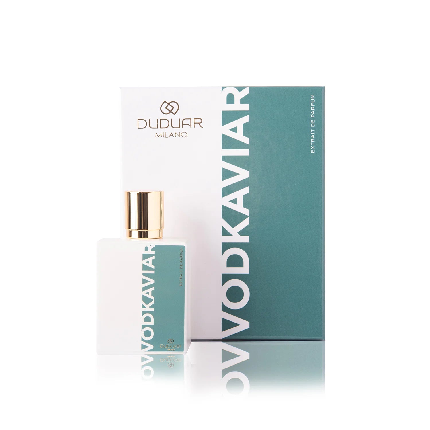 Profumo Vodkaviar Duduar Milano con flacone bianco, tappo dorato e packaging elegante.